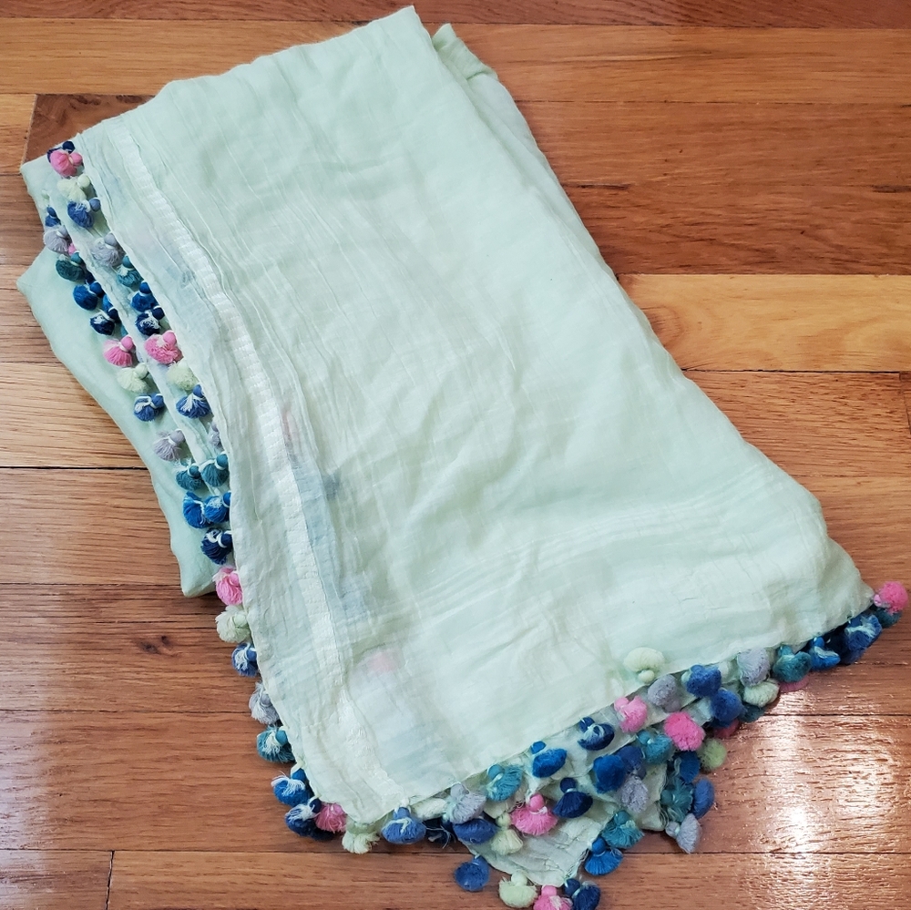 Mint Green Shawl / Wrap With Pom Poms